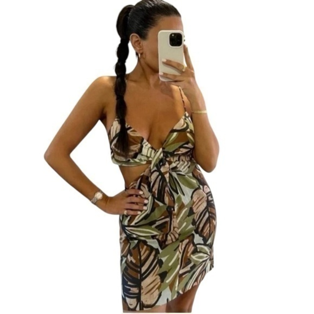 Zara Linen Blend Tropical Print Cut Out Body Con Dress ✨